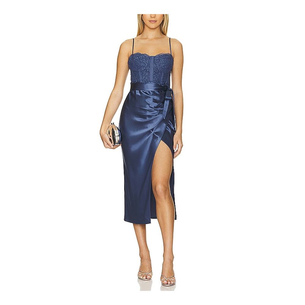 Cami NYC Navy Lace Bustier Satin Wrap Midi Dress